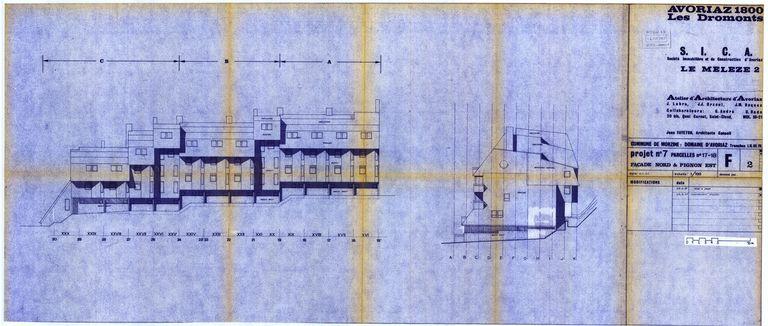 Les Mélèzes 2. Projet de 1967. Façade nord et pignon est / J. Labro, J.J. Orzoni, J.M. Roques, 3 janvier 1967 (AC Morzine)