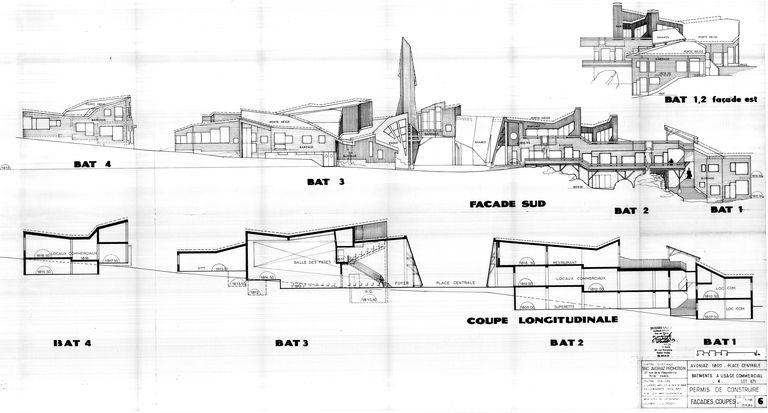 Coupe longitudinale, élévation sud, élévation est des bâtiments 1 et 2 / J. Labro, A. Wujek, 17 novembre 1982 (AC Morzine)