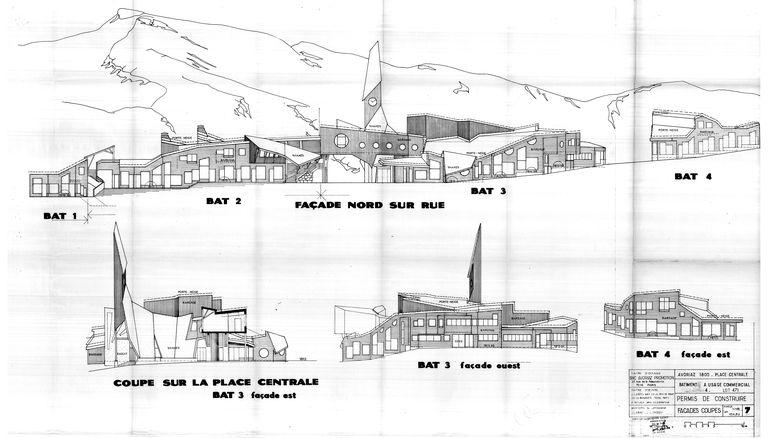 Coupe sur la place centrale, élévation nord sur rue, élévation ouest du bâtiment 3, élévation est du bâtiment 4 / J. Labro, A. Wujek, 17 novembre 1982 (AC Morzine)