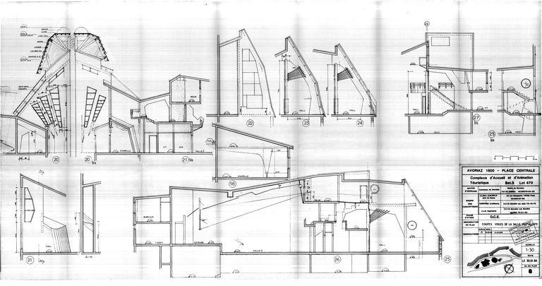 Projet de janvier 1984. Coupes voiles de la salle polyvalente / J. Labro, C. Marullaz, J.L.B. ingenierie, 30 janvier 1984 (AC Morzine)