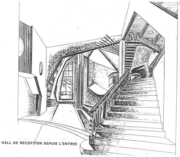 Vue en perspective du hall de réception depuis l'entrée (AC Morzine)