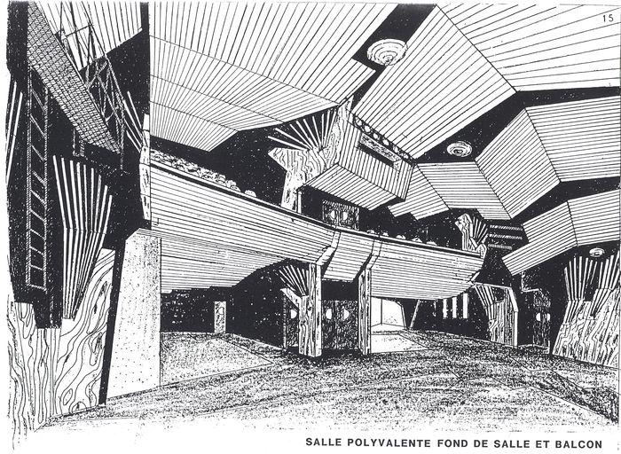 Vue en perspective, le fond de la salle polyvalente et les balcons