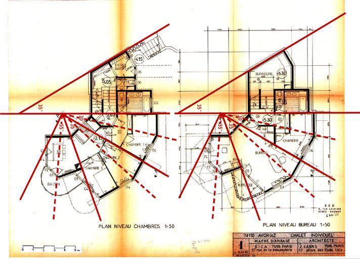 Hypothèse de tracé de construction/ J.-F. Lyon-Caen et C. Salomon-Pelen, sur plan des niveaux bureau et chambres / J. Labro, 20 avril 1980