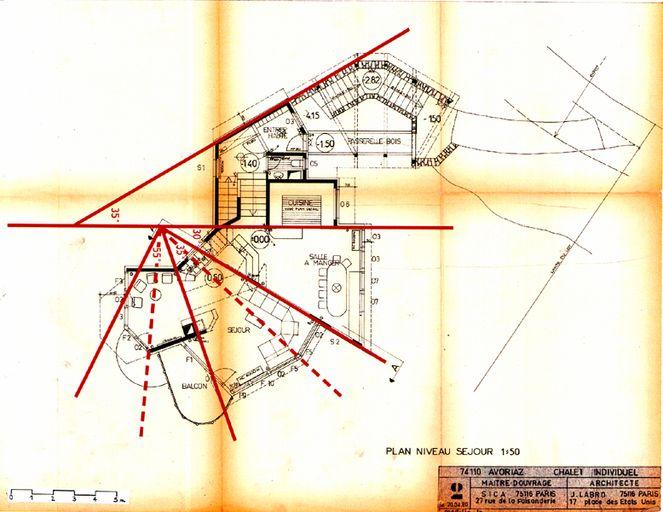 Hypothèse de tracé de construction/ J.-F. Lyon-Caen et C. Salomon-Pelen, sur plan du niveau séjour / J. Labro, 20 avril 1980