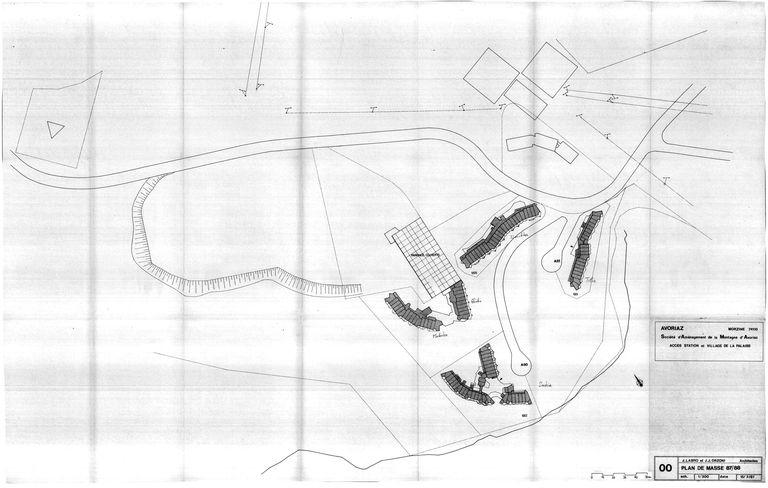 Accès station et village de la Falaise. Plan masse / J. Labro et J. J. Orzoni, 15 mars 1987 (AC Morzine)