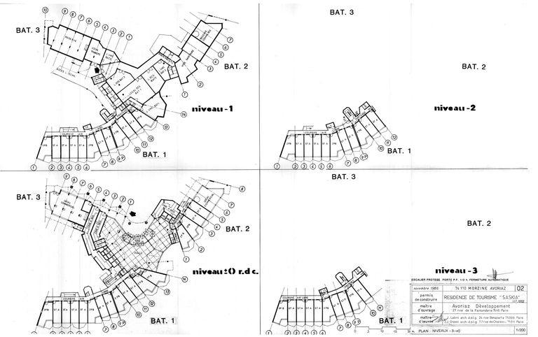 Permis de construire. Plan des niveaux - 3 à 0 / J. Labro, J. J. Orzoni, novembre 1986 (AC Morzine)