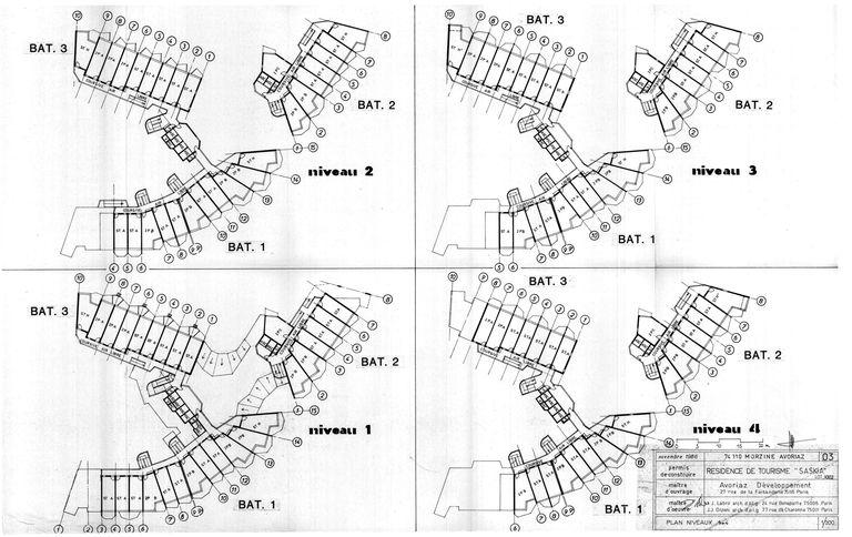 Permis de construire. Plan des niveaux 1 à 4 / J. Labro, J. J. Orzoni, novembre 1986 (AC Morzine)