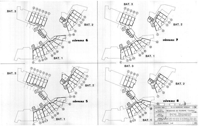 Permis de construire. Plan des niveaux 5 à 8 / J. Labro, J. J. Orzoni, novembre 1986 (AC Morzine)