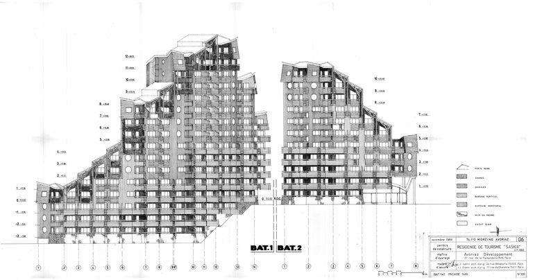 Permis de construire. Elévation sud des bâtiments 1 et 2 / J. Labro, J. J. Orzoni, novembre 1986 (AC Morzine)