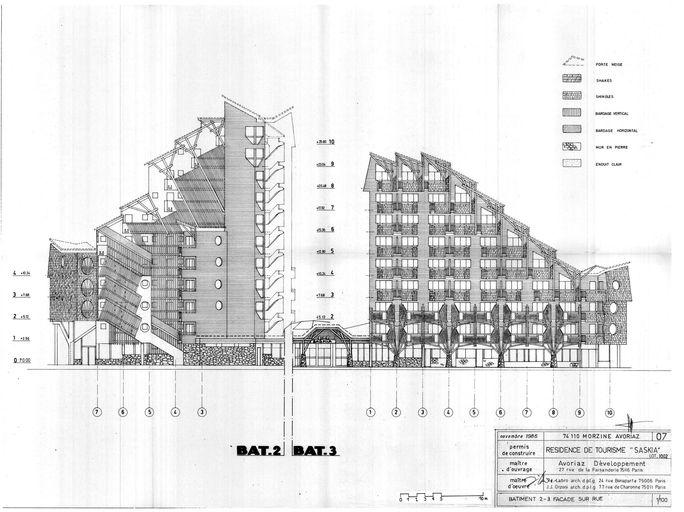 Permis de construire. Elévation sur rue des bâtiments 2 et 3 / J. Labro, J. J. Orzoni, novembre 1986 (AC Morzine)