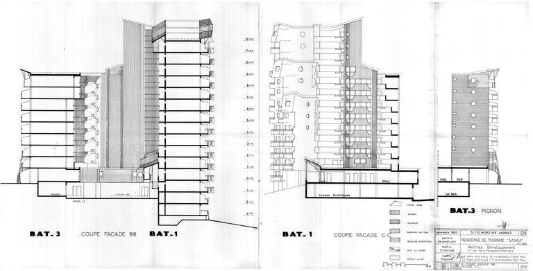 Permis de construire. Coupes sur les bâtiments 1 et 2. Pignon du bâtiment 3 / J. Labro, J. J. Orzoni, novembre 1986 (AC Morzine)