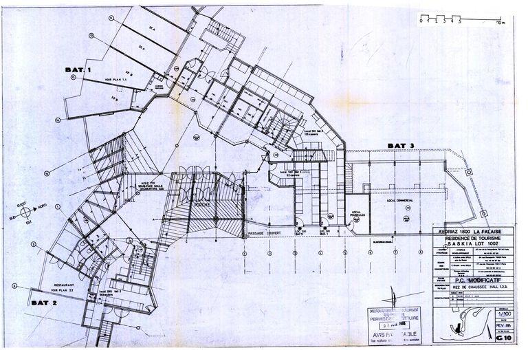 Permis de construire modificatif. Plan du rez-de-chaussée, hall 1-2-3 / J. Labro, J. J. Orzoni, bureau d'études Decaen, février 1988 (AC Morzine)