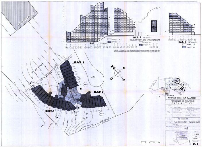 Permis de construire modificatif. Plan de situation, plan de masse / J. Labro, J. J. Orzoni, bureau d'études Decaen, février 1988 (AC Morzine)