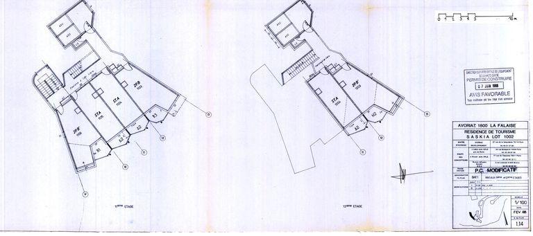 Permis de construire modificatif. Plan des 11e et 12e étages / J. Labro, J. J. Orzoni, bureau d'études Decaen, février 1988 (AC Morzine)