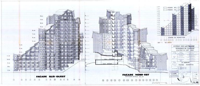 Permis de construire modificatif. Elévations sud-ouest et nord-est ; schéma de répartition des appartements / J. Labro, J. J. Orzoni, bureau d'études Decaen, février 1988 (AC Morzine)