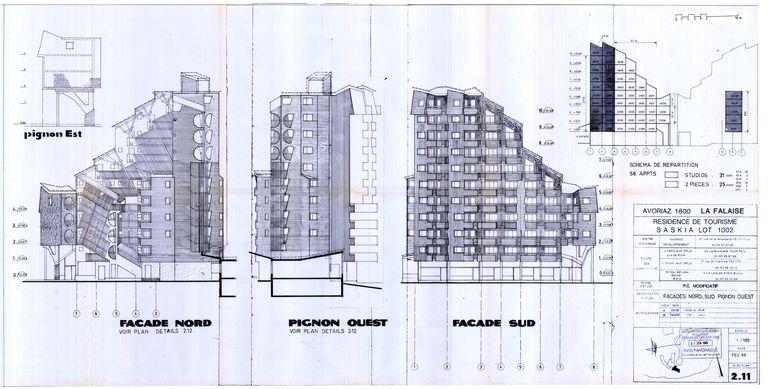 Permis de construire modificatif. Elévations nord, ouest, sud et est ; schéma de répartition des appartements / J. Labro, J. J. Orzoni, bureau d'études Decaen, février 1988 (AC Morzine)