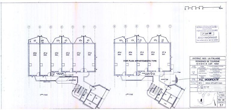 Permis de construire modificatif. Plans des 5e et 6e étage / J. Labro, J. J. Orzoni, bureau d'études Decaen, février 1988 (AC Morzine)