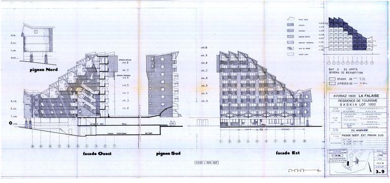 Permis de construire modificatif. Elévations. Schéma de répartition des appartements / J. Labro, J. J. Orzoni, bureau d'études Decaen, février 1988 (AC Morzine)