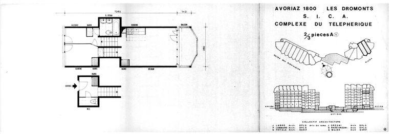 Plan masse ; schéma de répartition des appartement ; plan d'un 2/3 pièces A1 / Collectif Architecture, [1971]. Plan d'un appartement sur trois niveaux