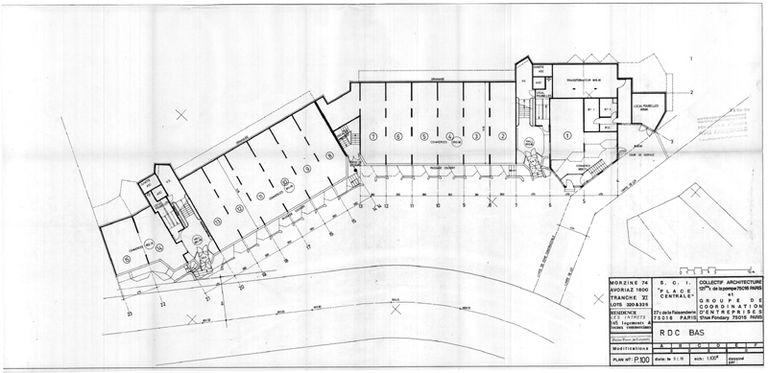 Plan du rez de chaussée bas. Permis de construire modificatif. Collectif Architecture, Groupe de Coordination d'Entreprises, 9 janvier 1978 (AC Morzine)