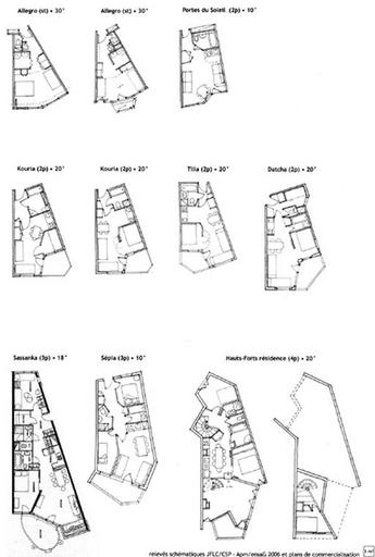 Appartement aménagé dans une travée. Plan en éventail. Exemples