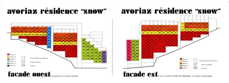 Elévations ouest et est, répartition des appartements. In : Dépliant pour la commercialisation des appartements, 1973