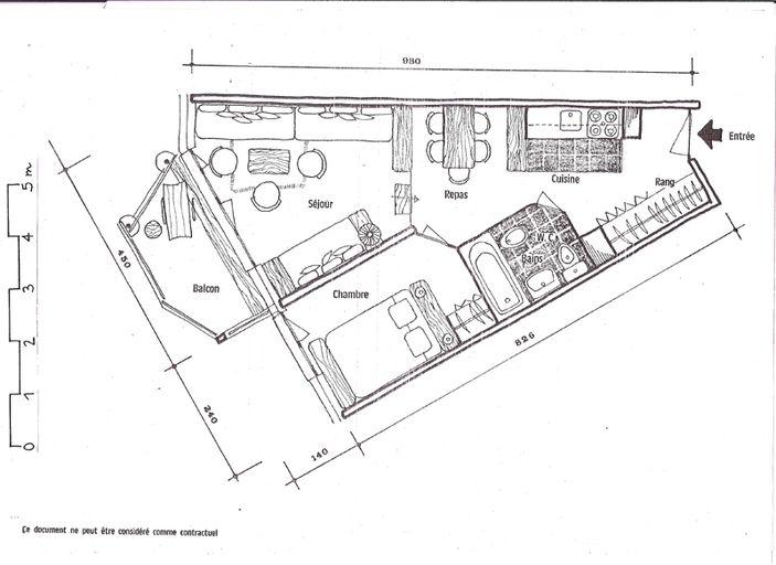 Plan d'un appartement de 2 pièces, plan en éventail. Relevé manuel