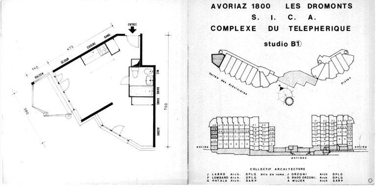 Plan d'ensemble, répartition des logements et plan d'un appartement de 2 pièces en éventail