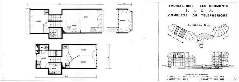 Plan d'ensemble, répartition des logements et plan d'un appartement dans une travée