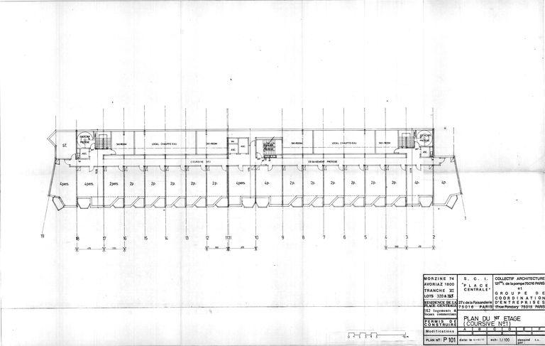 Plan du 1er étage (coursive n° 1) / Collectif architecture et groupe de coordination d'entreprise, 12 octobre 1977 (AC Morzine)