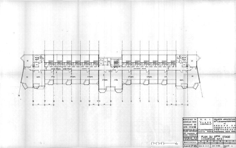 Plan du 5e étage (coursive n° 3) / Collectif architecture et groupe de coordination d'entreprise, 12 octobre 1977 (AC Morzine)