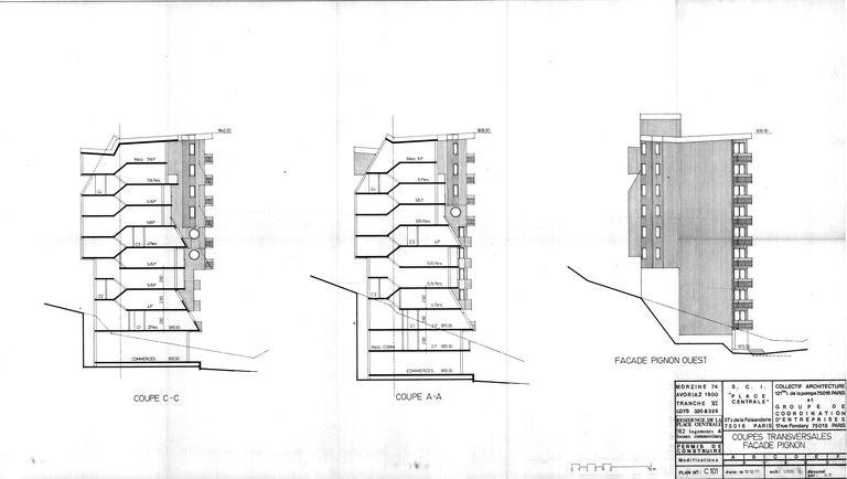 Coupes transversales ; façade pignon / Collectif architecture et groupe de coordination d'entreprise, 12 octobre 1977 (AC Morzine)