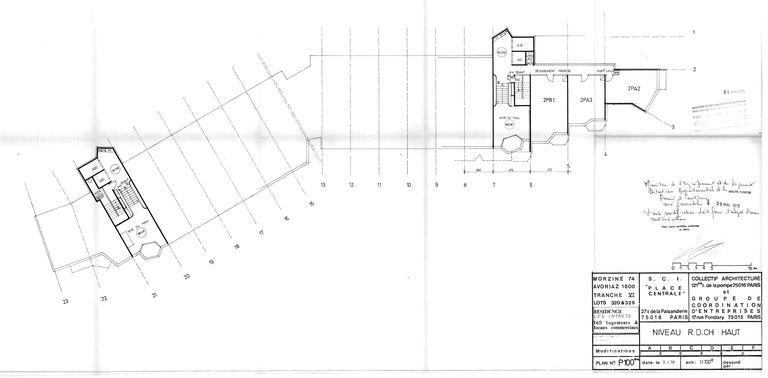 Plan du rez-de-chaussée haut. Permis de construire modificatif. Collectif Architecture, Groupe de Coordination d'Entreprises, 9 janvier 1978 (AC Morzine)