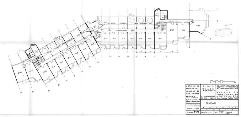 Plan du niveau 1. Permis de construire modificatif. Collectif Architecture, Groupe de Coordination d'Entreprises, 9 janvier 1978 (AC Morzine)