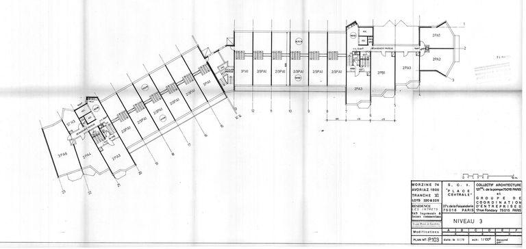 Plan du niveau 3. Permis de construire modificatif. Collectif Architecture, Groupe de Coordination d'Entreprises, 9 janvier 1978 (AC Morzine)