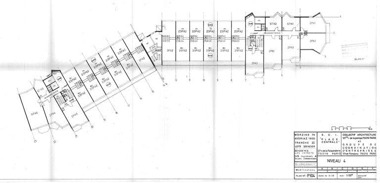 Plan du niveau 4. Permis de construire modificatif. Collectif Architecture, Groupe de Coordination d'Entreprises, 9 janvier 1978 (AC Morzine)