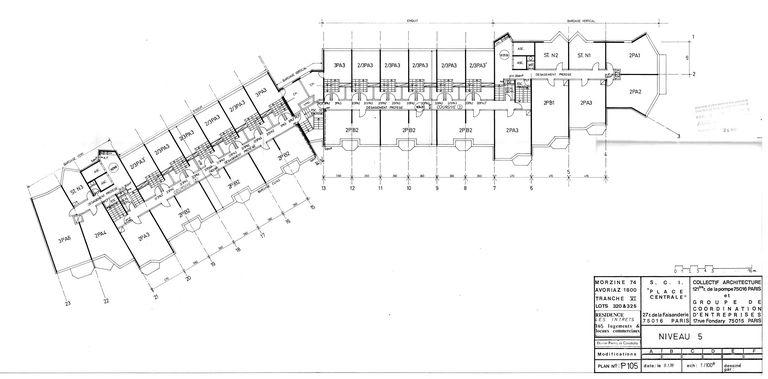 Plan du niveau 5. Permis de construire modificatif. Collectif Architecture, Groupe de Coordination d'Entreprises, 9 janvier 1978 (AC Morzine)