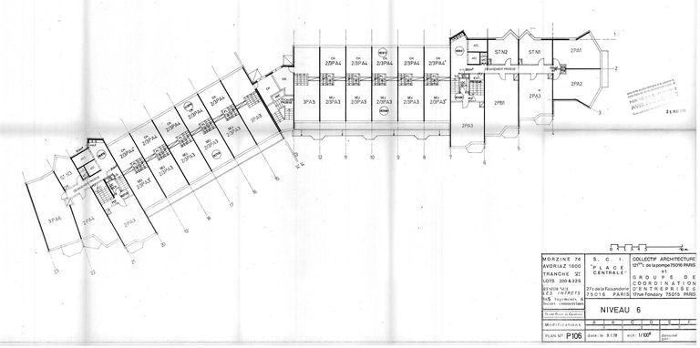 Plan du niveau 6. Permis de construire modificatif. Collectif Architecture, Groupe de Coordination d'Entreprises, 9 janvier 1978 (AC Morzine)