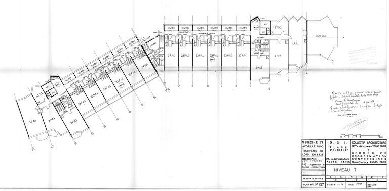 Plan du niveau 7. Permis de construire modificatif. Collectif Architecture, Groupe de Coordination d'Entreprises, 9 janvier 1978 (AC Morzine)