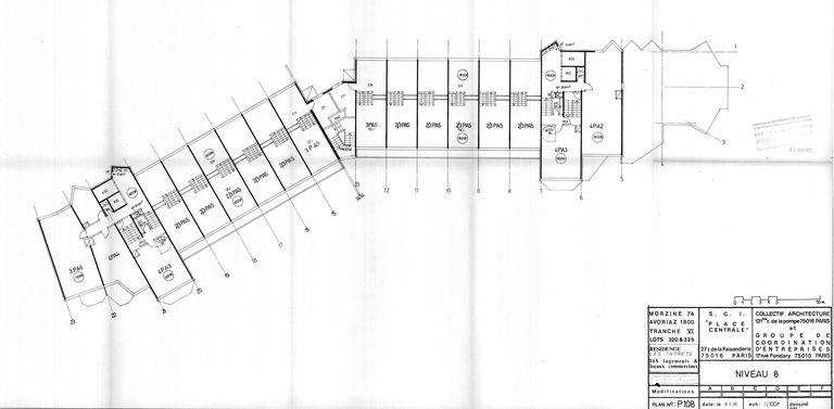 Plan du niveau 8. Permis de construire modificatif. Collectif Architecture, Groupe de Coordination d'Entreprises, 9 janvier 1978 (AC Morzine)