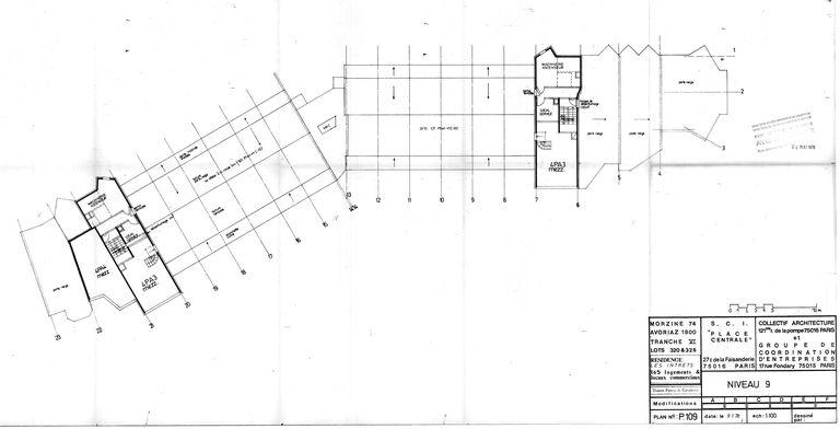 Plan du niveau 9. Permis de construire modificatif. Collectif Architecture, Groupe de Coordination d'Entreprises, 9 janvier 1978 (AC Morzine)