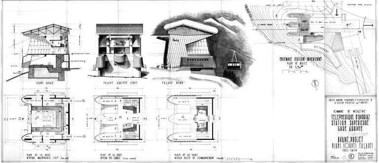 Téléphérique d'Avoriaz. Gare supérieure. Avant-projet. Plans - Coupes - Façades / M. Jolivel, J. Rouxel, 4 août 1961 (AC Morzine)