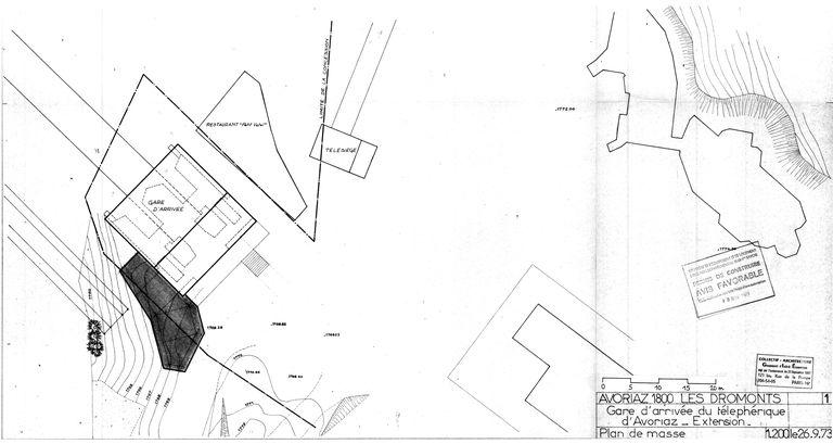 Gare d'arrivée du téléphérique d'Avoriaz. Extension. Plan de masse / Collectif - Architecture, 26 septembre 1973 (AC Morzine)