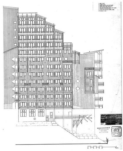 Résidence de tourisme. 85 logts. Façade sud-oues. PC modif / J. J. Orzoni, Atelier d'architecture 77, Paris, 15 décembre 1985 (AC Morzine)