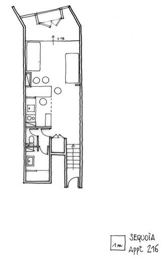 Le studio 216, mono-orienté. Plan. Relevé schématique