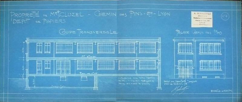 AC Lyon : sans cote, coupe transversale et façade sur rue d'une usine pour monsieur Cluzel par monsieur Schaeffer.