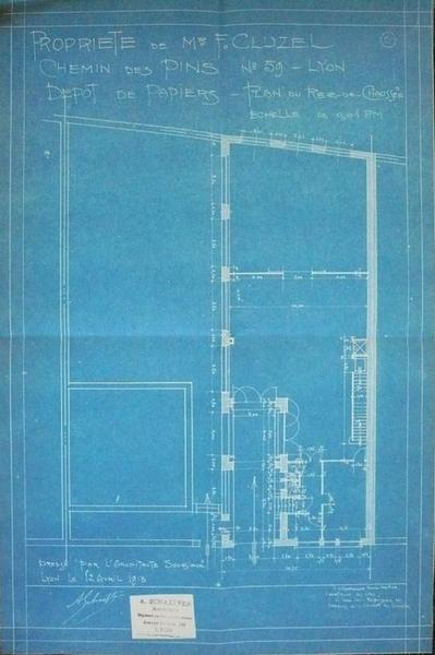 AC Lyon : sans cote, plan du rez-de-chaussée de l'usine de monsieur Cluzel par monsieur Schaeffer.