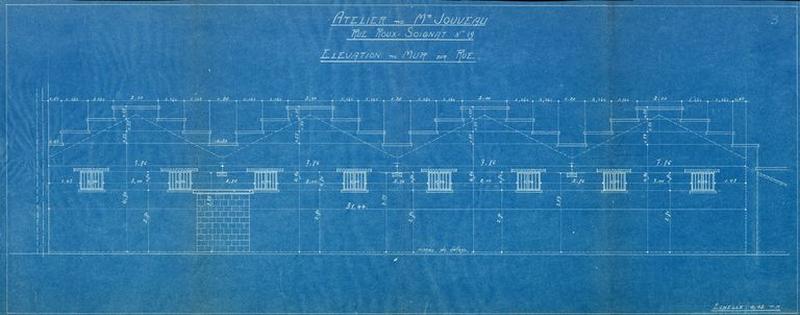 AC Lyon : 344 WP 083 PCA n°0249, élévation du mur de façade du hangar de M. Jouveau par M. Pinet