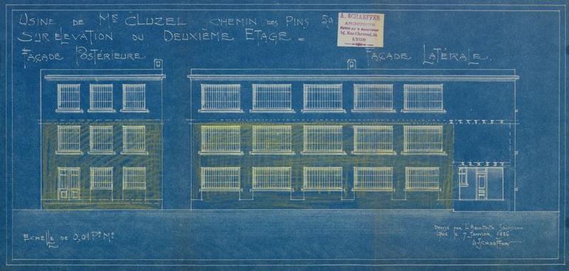 AC Lyon : 344 WP 202 PCA n°0211, élévation façade postérieure de l'usine (surrélévation) de M. Cluzel par M. Schaeffer