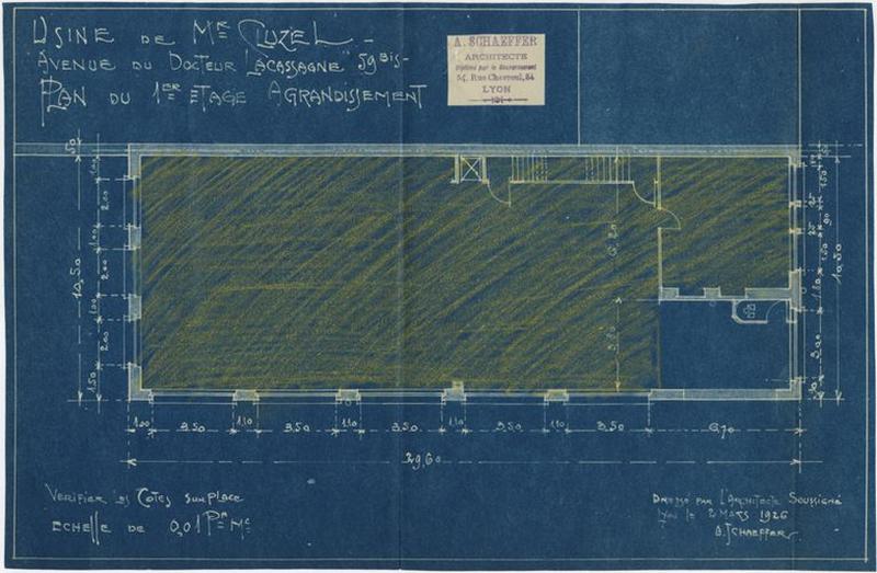 AC Lyon : 344 WP 202 PCA n°0211, plan du 1er étage de l'usine (agrandissement) de M. Cluzel par M. Schaeffer